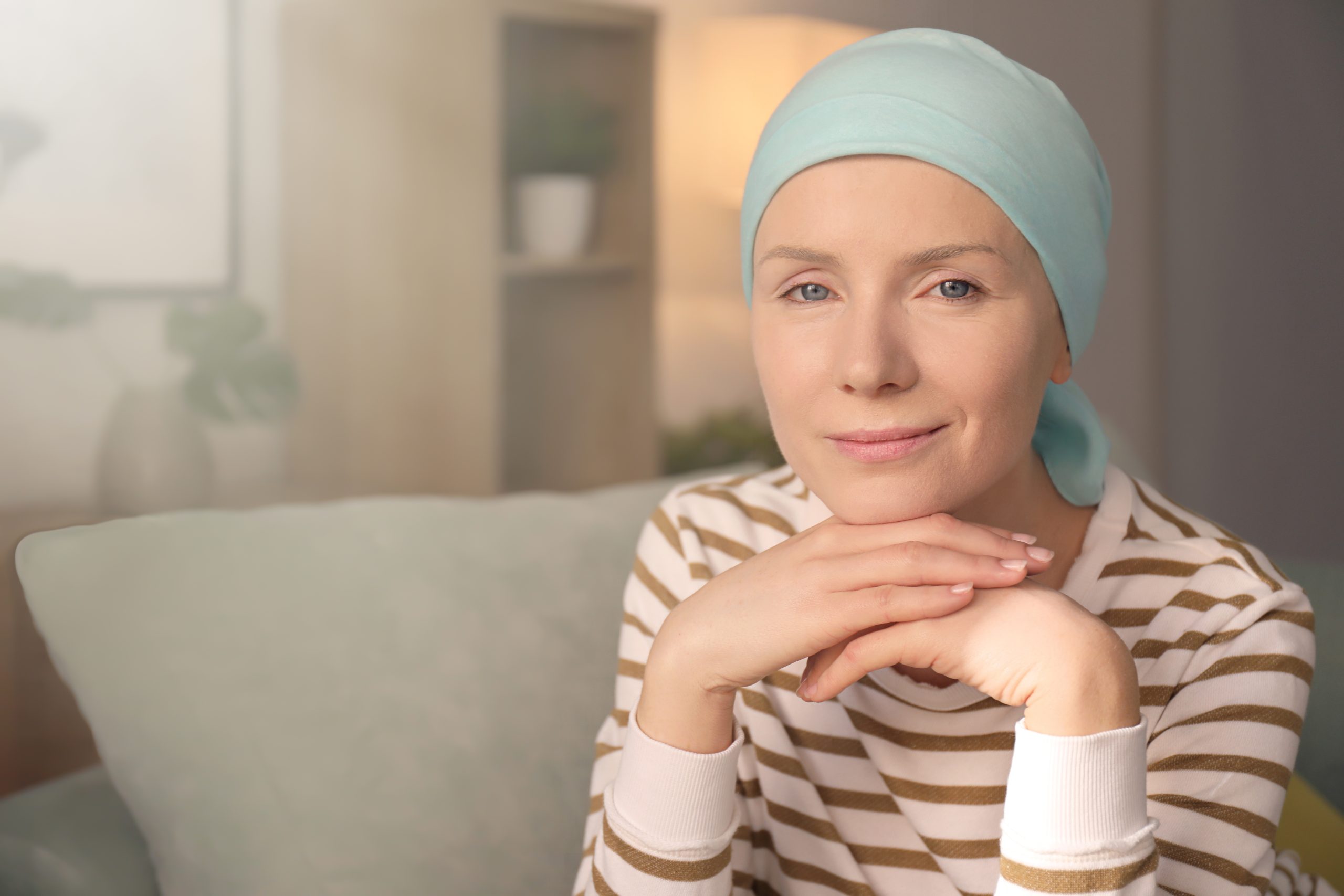 Lady being treated for cancer wearing scarf on her head